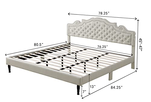 King Upholstered Platform Bed Frame With 47" Tall Adjustable Headboard - Button Tufted Linen Bed - Wood Slat Support With Storage Space - No Box Spring Needed - Beige - Oliver & Smith - Elizabeth #TOP1