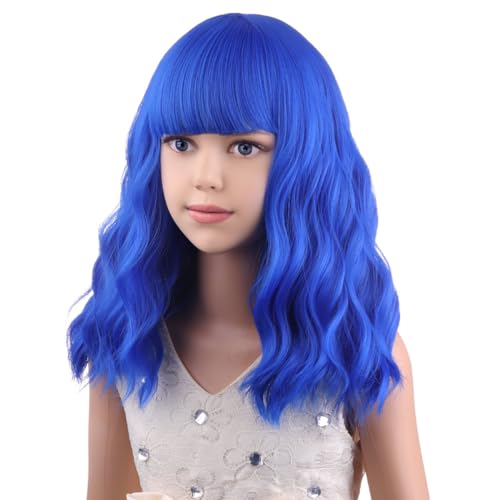 Image of PATTNIUM Dark Blue Wig Kids Child Wig Short Curly Wavy Wig Blue Wig for Kids Dark Blue Wig with Bangs Synthetic Hair Girls Wig (Dark Blue)