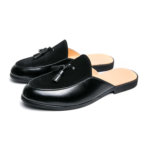 Men's Suede Tassel Dress Mules Retro Fashion Round Toe Anti-Slip Low Heel Slip On Clog Slippers Casual Backless Flat Loafers