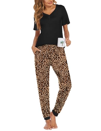 Image of Ekouaer Pajamas for Women Set 2 Piece Fall Lounge Sets Short Sleeve Pjs Joggers Long Pants Sleepwear with Pockets