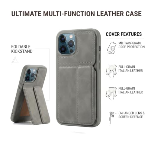 Image of amazon basics Luxury Vegan Leather Back Cover for iPhone 11 Pro Max | Built-in Card Holder Slot | Integrated Mobile Stand | Slim Shockproof Protective Case with Stitched Finish - Gray