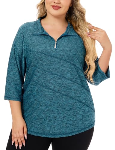 Koscacy Women's Plus Size 3/4 Sleeve Golf Tennis Polo Shirts Zip Up Dry Fit Workout Tops Adjust 3/4 Sleeve Plus Size Runnning Tops Sun Protection Gym Sports Tunic Blue