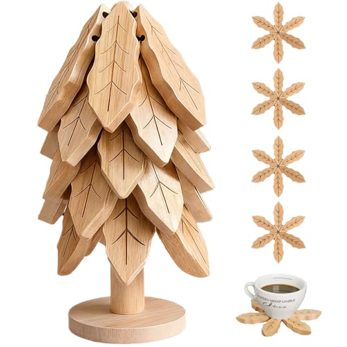 Nenkarn Dessous de Plat Arbre Bambou (5 sous-Plats + Support) - Trivet Sapin Noël - Protection Table Cuisine Assiettes Casseroles