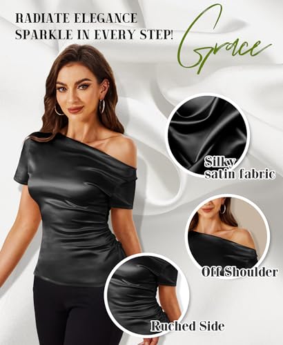 Silk Satin Tops for Women - Off The Shoulder Blouse Dressy Casual Short Sleeve Ruched Elegant Tunic Shirts3