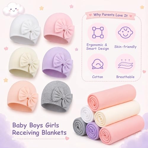 Image of Ramede 6 Set Baby Swaddle Blanket and Hat, 100% Cotton Newborn Receiving Blanket Wrap with Headband, 31.5 inch Soft, Breathable for Girl Boy Nursery Sleep Cradle Sheet Breastfeed Cover(Simple,Pink)