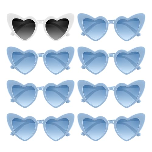 BOUBONI 4/6/8/10/12 Pack Bachelorette Sunglasses Heart Sunglasses Vintage Heart Shaped Glasses for Women Bridal Party Wedding (8 White+Blue)