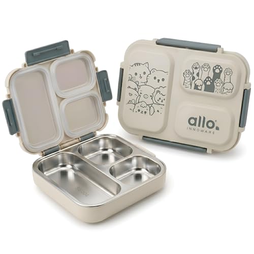 Image of Allo Bento Stainless Steel Lunch Box for Kids- BIS Approved, 304 Stainless Steel 3 Compartment Leakproof Tiffin Box for Boys and Girls for School, Travelling, Baby Snacks, 740ml Green Cats