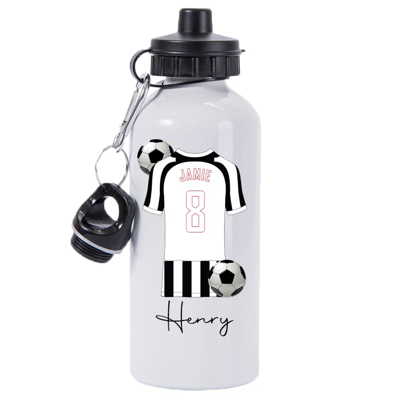 Pickhut Personalised Football 600ml White Aluminium Sports Water Bottle Back to School Gift for Kids, Customised with Name/Number/Text with Football Shirt White & Black Stripes Jersey Kit (D13) โ image 1