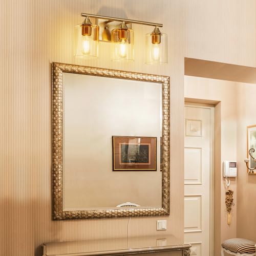 Image of Gold Bathroom Light Fixtures,3-Light Vanity Lights,Modern Brushed Brass Gold Wall Sconce Lighting,Bathroom Wall Lamp for Mirror Bedroom Living Room Vanity Table Hallway