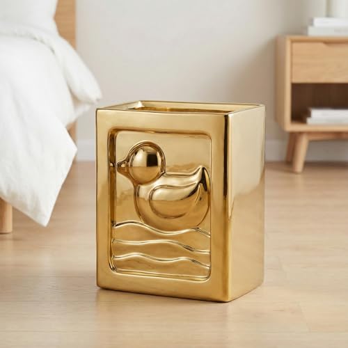 Image of Gold Trash Can - 7L /1.85Gallon Ceramic Waste Basket, Decorative Duck Small Garbage Can for Kitchen, Bathroom, Bedroom, Office, Multi-Purpose Storage Bin
