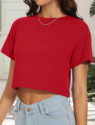Image of Womens Summer Crop Tops Short Sleeve Round Neck T-Shirts Loose Fit Casual Blouse 2026