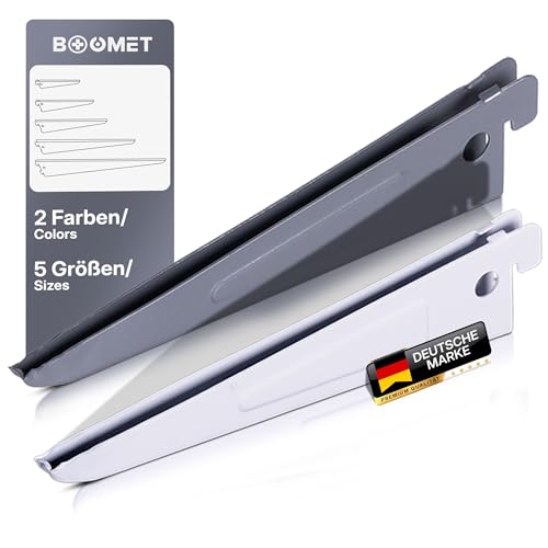 BOOMET Lot de 10 Supports d'Étagère Pour Rails Muraux à 2 Rangées - Blanc - 27 cm - Acier - Équerre Murale - Système d'Étagères
