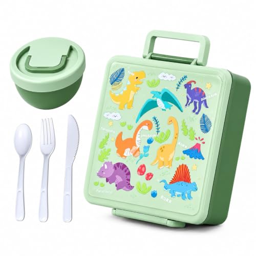 Image of House of Quirk 'NomNom' Dinosaur Print Bento Lunch Box, 1800ml with 300ml Removable Bowl, Microwave Safe Lunch Box with Spoon, Fork & Knife for Kids, School, Office, Picnic & Travel (Green)