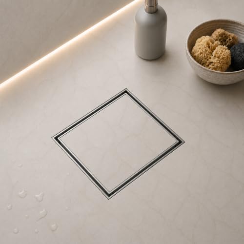 Image of Lipka Tile Insert Floor Drain | 5 x 5 Inches | Premium Grade Stainless Steel Invisible Shower Drain Channel | Waste Water Floor Drain for 13mm Tile with Cockroach Trap | Square Tile Insert Floor Drain