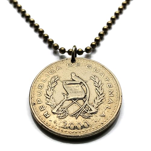 2000 Guatemala 1 Quetzal coin pendant Resplendent Quetzal bird Guatemalteco Mixco Villa Nueva Coban Escuintla Huehuetenango Jutiapa Petapa Tikal Quirigua Maya Ladino Quetzaltenango Chapin n003227