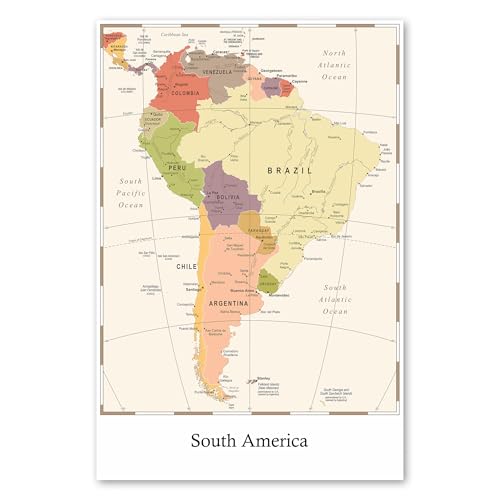 Postereck - 4138 - Impression Carte Amérique du Sud Frontières Villes – Art Mural, Géographie, Éducation - Affiche - DIN A3 29,7 cm x 42,0 cm