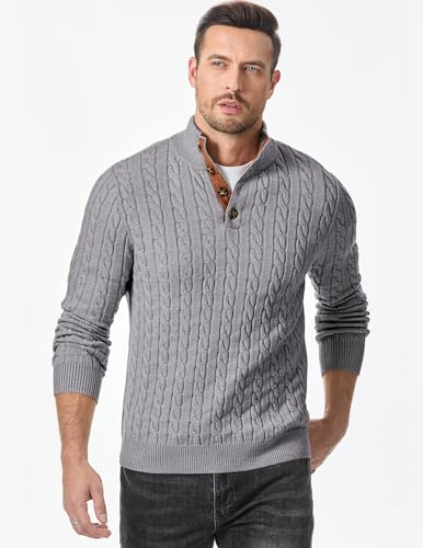 Image of JMIERR Men's Cable Knit Pullover Sweater Casual Long Sleeve Stand Collar Button Knitted Sweaters