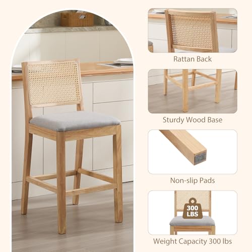 Image of Rattan Counter Height Bar Stools, 25.6'' Modern Counter Stools with Cane Back, Mid Century Bar Chairs for Kitchen Counter /Home Bar /Cafe, Set of 2, Grey
