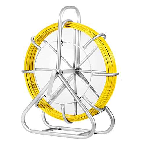 Super Sale 🛒 Happybuy Fish Tape Fiberglass 6MM 425FT, Duct Rodder Fish Tape Puller Fiberglass Wire Cable Running with Cage and Wheel Stand,Durable Steel Reel Stand,Fish Tape Min Bending Radius 12 inch/300 mm