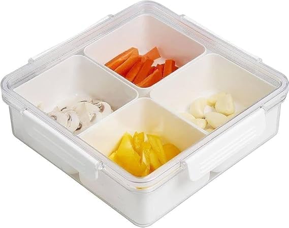 ERITIN Polypropylene Storage Serving Trays for Divided Veggie Tray with Lid Sealed Sectioned Snack Serving Platter Storage with 4 Compartments Snackle Box (Beige)