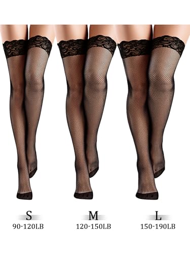 Image of Bencailor 4 /6 /12 Pairs Fishnet Thigh High Stocking for Women Silicone Lace Top Sheer Over Knee Stockings