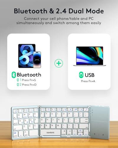 Image of Samsers Foldable Bluetooth Keyboard with Touchpad, Ultra Slim Compact, Blue | Multi-touch Trackpad, Full Size, Phone Holder, USB-C Charging, 3 Device, for Android Windows iOS Mac OS, Mobile Productivity