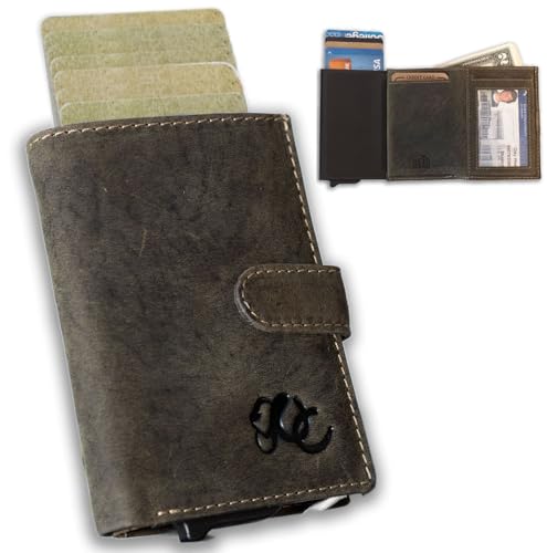 Image of Full Grain Leather Pop-Up Wallet for Men - RFID Blocking Bifold with Quick Card Access - Slim Minimalist Design - Holds 8+ Cards & Cash (Olive)
