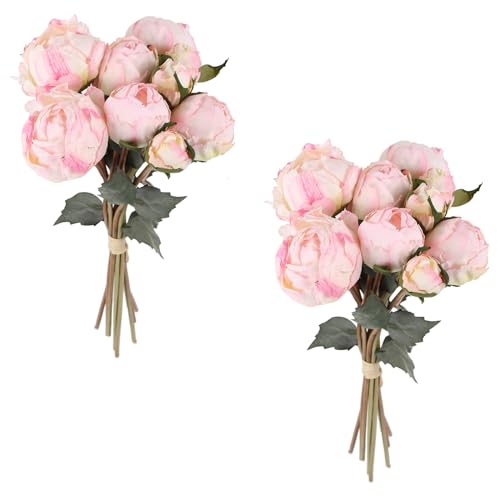 ICBOX Pink Peonies Artificial Flowers 2 Bouquets Vintage Peonies 18pcs Pink Peonies with Single Long Stems Silk Flowers for Wedding Decoration Bride Bouquet Flowers Crafts Floral Arrangement (Pink)