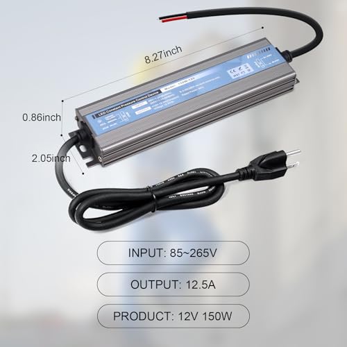 Image of QNNP LED Driver 150 Watts 12V DC with Plug, Low Voltage Transformer Waterproof IP67 Power Supply Transformer Adapter AC 85V-265V to 12V DC, LED Power Supply for Indoor Outdoor Lighting