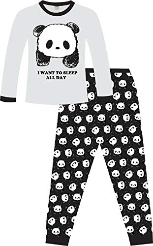 Pijama largo de algodón con diseño de panda para niñas con texto en inglés 'I Want to Sleep All Day', blanco, 11-12 Years