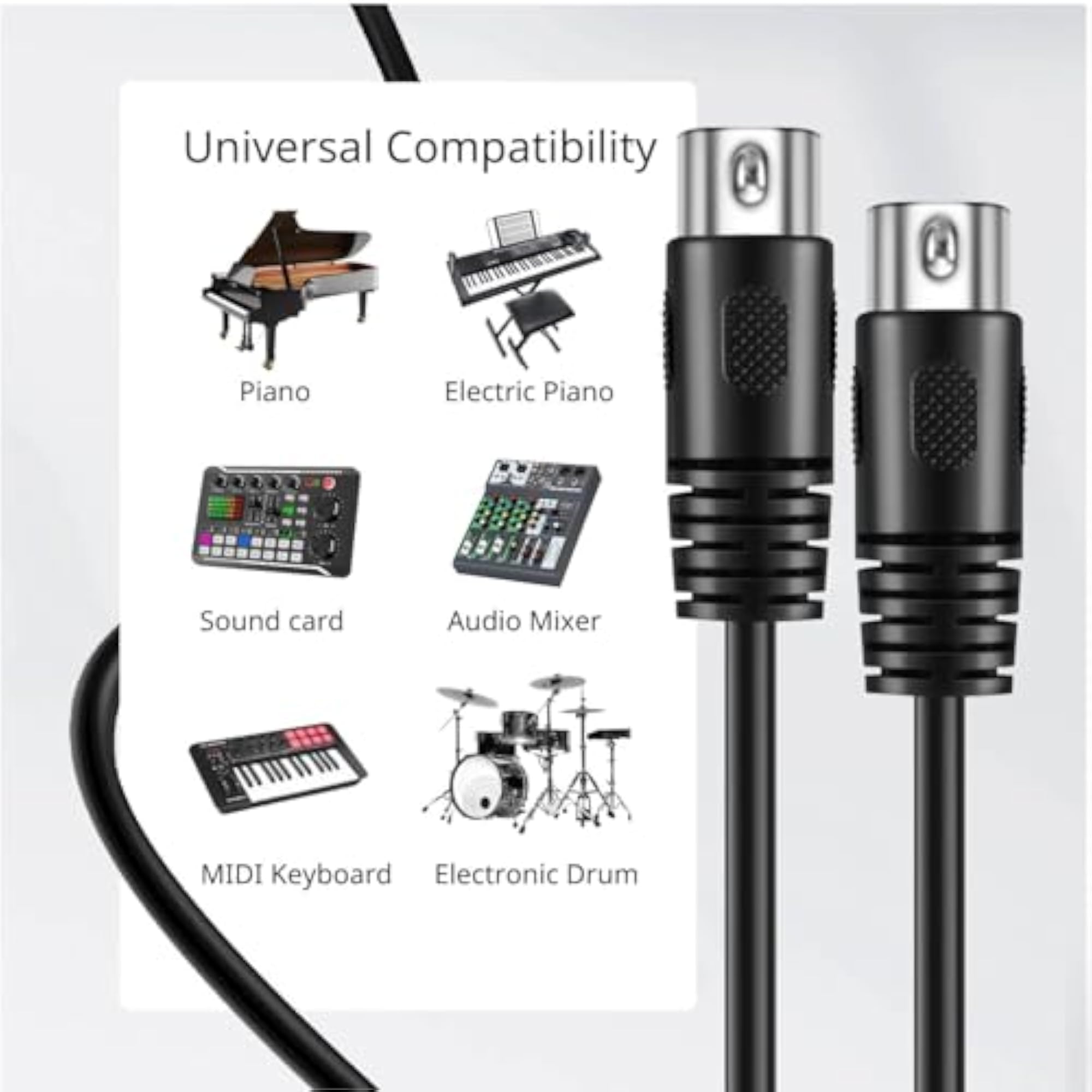 6FT MIDI Cable, 5 Pin DIN Male to Male Cord for Keyboard and Synth