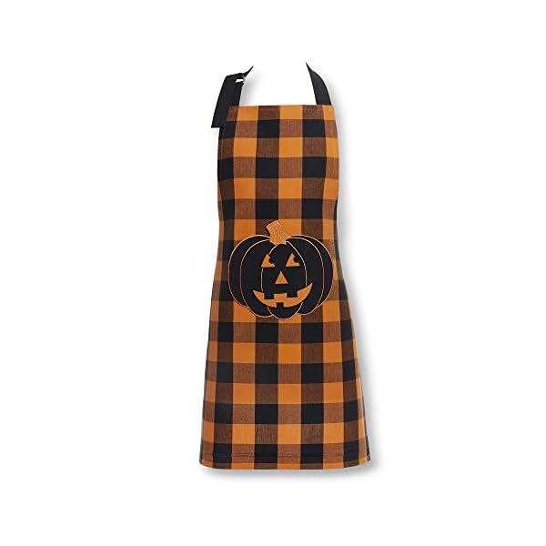 Elrene Home Fashions Farmhouse Living Fall Buffalo Check Halloween Pumpkin Pocket Cotton Apron for Baking/Cooking, 24" x 32", Black/Orange