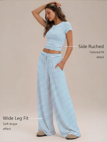 Image of Trendy Queen 2 Piece Matching Summer Lounge Set Womens Side Ruching Top Wide Leg Pants Sets with Pockets