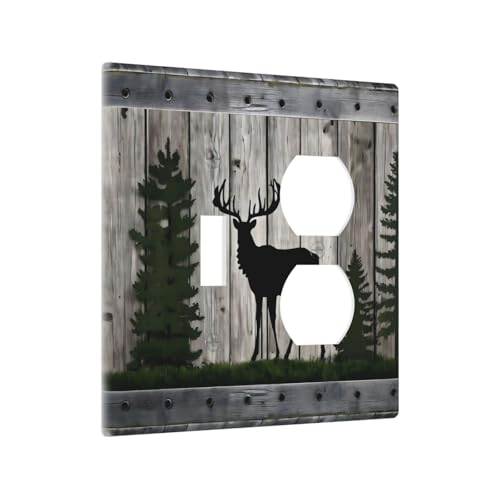 Decorative Outlet Covers Rustic Deer Elk Forest Grey Wood Board 2 Gang Wall Plate Cover Single Toggle Duplex Combo Two Switch Light Switch Cover Plate Jumbo Faceplate