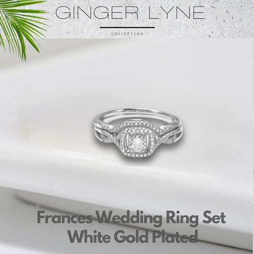 Frances Square Halo Wedding Ring Set for Women by Ginger Lyne CZ Engagement Rings for Women Plated 14 kt Gold Wedding Rings for Her| Cubic Zirconia Bridal Sets | Half Eternity Band2