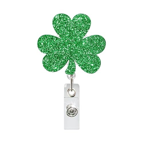 Glitter Green Four Leaf Clover Retractable Badge Reel with Alligator Clip St.Patrick Day ID Badge Holder Cute Sparkly Shamrock Badge Clip for Nurses Doctors Teachers Office Workers Irish Holiday