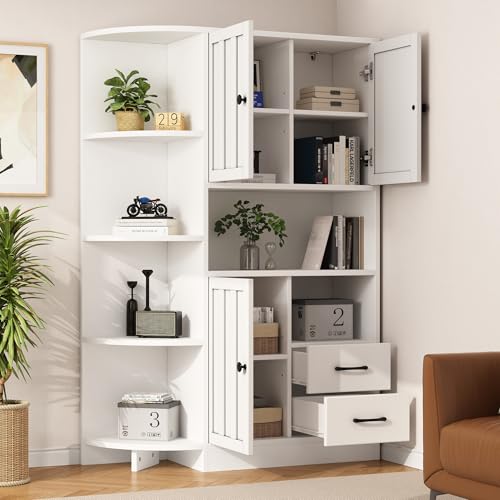 VLIVRA Vitrina con armarios y cajones, 104 x 35 x 155 cm, con tres niveles ajustables, aparador con almacenamiento versátil, cómoda con 14 zonas de almacenamiento, color blanco