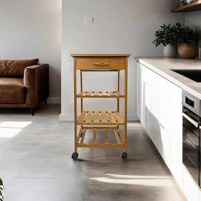 HOMES: Inside + Out Lexa Contemporary Bamboo Kitchen Cart, Storage Trolley with Drawer, 2 Shelves and Wine Rack, for Kitchen, Dinning Room, Bathroom, and Restaurant, Natural-D9f04RiH