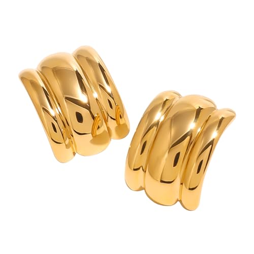 Gold Triple Band Statement Earrings – Lightweight Modern Fashion Jewelry for Women