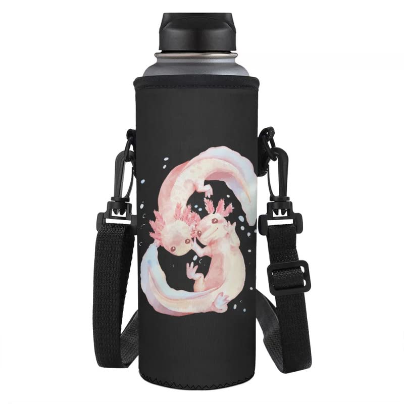 Jndtueit Cartoon Axolotl Sports Water Bottle Pouch Holder Sleeve, Black Insulated Crossbody Water, Sling Bottle Bag Case — image 1