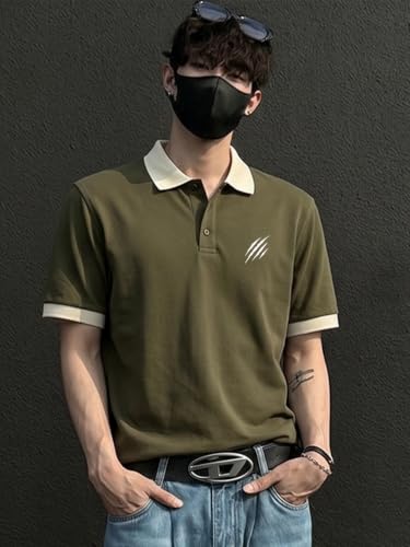 Image of LEOTUDE Men's Solid Olive Polo T-Shirt with Beige Contrast Collar | Regular Fit Half Sleeve Polo Neck Tee | Comfortable Everyday Casual Wear (Color : Olive)