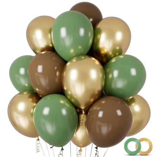 100pcs Green and Brown Balloons 12 Inch Sage Green Brown Metallic Gold Latex Balloon Safari Balloons for Jungle Forest Baby Shower Birthday Party Decorations
