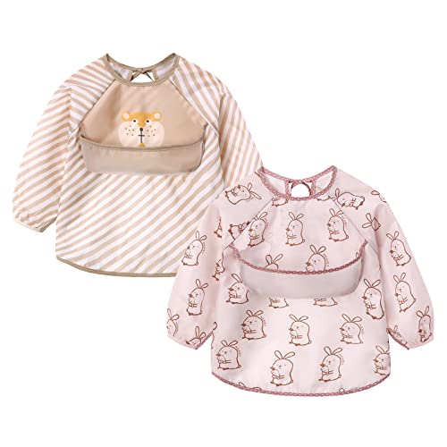 2 Stück Baby Langarmlätzchen Set Wasserdichte Ärmellätzchen mit Auffangschale Abwaschbar Weiche Fütterlätzchen Auslaufsichere Lätzchen für Baby Kleinkinder Jungen Mädchen (Kaninchen und Eichhörnchen) Cover