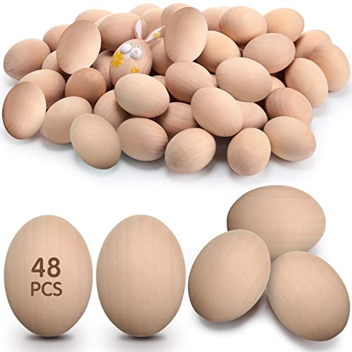 48 Pcs Wooden Easter Eggs Faux Eggs for DIY Easter Eggs Realistic Fake Eggs Crafts and Easter Decorations Eggs for Kids Easter Crafts DIY Decor Party Favors (Unpainted Color)