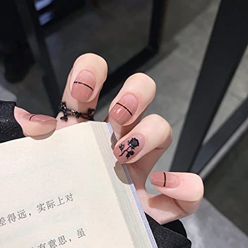 IMSOHOT Short Squoval Press on Nails Fake Nails with Roses Pattern Glossy False Nails Full Cover Square Acrylic Nails for Women and Girls