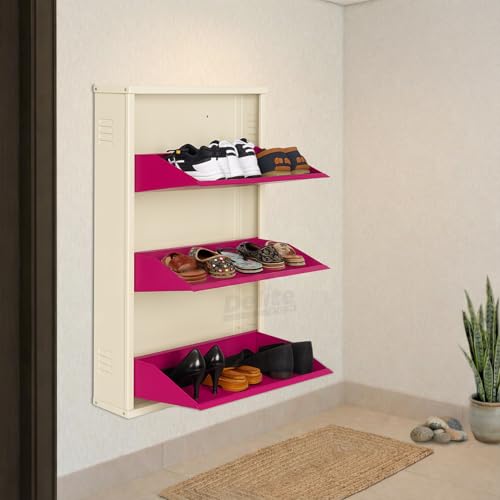 Image of DELITE KOM 24 Inch Wide, 3 Shelf Metal Shoe Rack Wall Mounted for Home with Central Lock Holds Upto 9 Shoes or 15 Slippers Pair | 1 Year Warranty | (41 x 24 x 5 Inch, Ivory Pink) DIY Space Saving