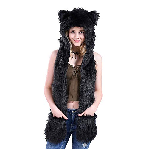 Faux Fur Animal Hat 3-in-1 Function Hoods with Scarfs Mittens Paws Ears Warm Winter Cap for Women Girls