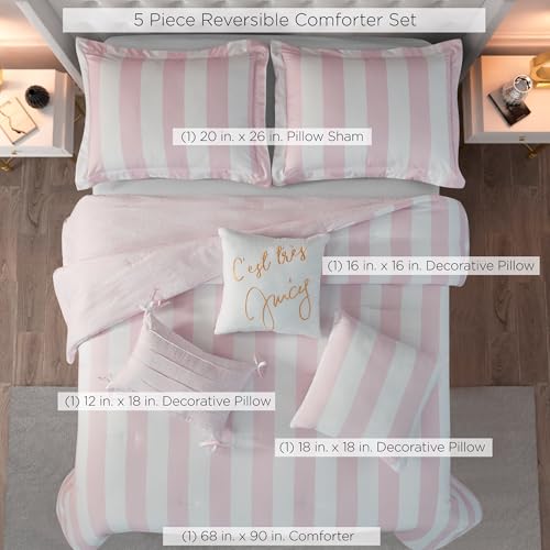 Image of Juicy Couture Cabana Stripe Reversible Bedding Set - Twin /Twin XL Size - Dogwood Pink /White Stripe Print - 5 Piece Set - Includes 1 66 inch x 90 inch Comforter, 3 Decorative Pillows, 1 Sham