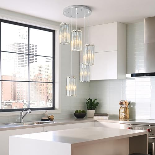 Image of Chrome Pendant Lighting Modern Pendant Light, Mini Crystal Chandeliers,Adjustable Pendant Light Fixture for Kitchen Island Dinning Room Corridor Bedroom(Chrome 5-Light)