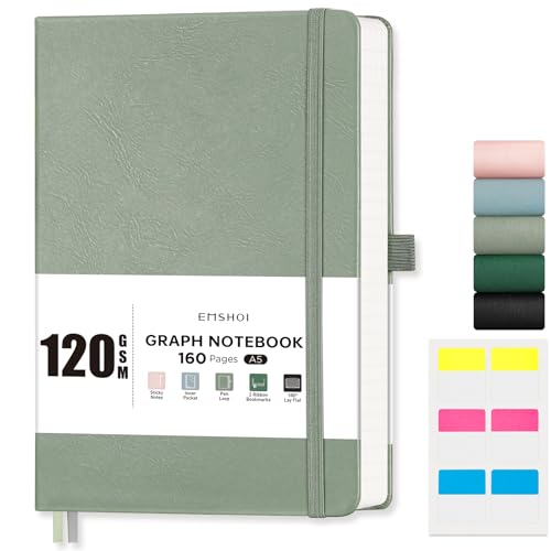 EMSHOI A5 Notebook Graph Paper - 120 GSM Hardcover Leather Squared Journal with Sticky Notes, 160 Pages Grid Notebook for Women Men Work School Graphing, Engineering, 14.5 X 21 cm - Light Green